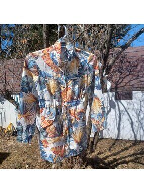 Chico Tropical Shirt Tunic Top Jacket Drawstring Waist Long Sleeve Snap Womens L
